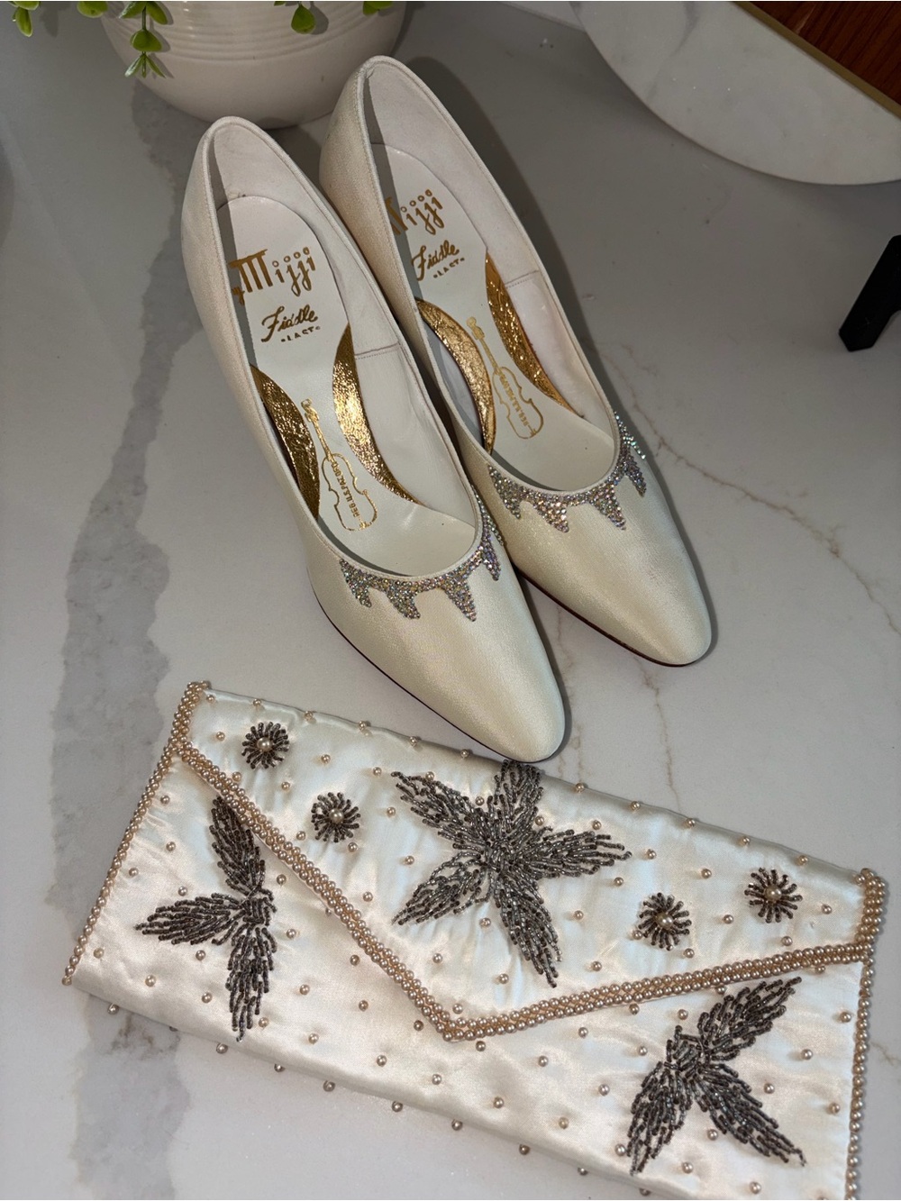 Vintage Mijji Fiddle Rhinestone Heels 6 AA  And Beaded Clutch Bag By Debbie
